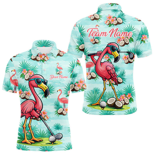 Funny Mens Golf Polo Shirts Custom Name Pink Flamingo Pattern, Tropical Golf Shirt LM1203