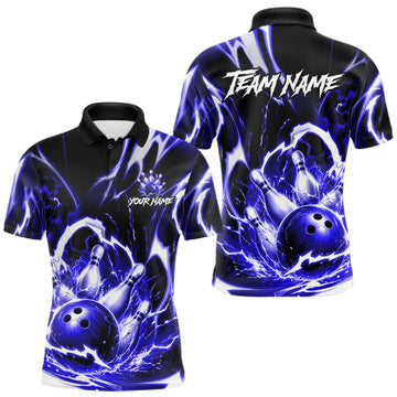 Maxcorners Blue Storm Thunder Lightning Bowling Polo & 1/4 Quarter Zip Shirt For Men Custom Bowling Team Jersey