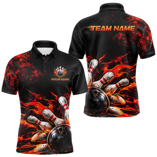 Maxcorners Black And Red Custom Flame Bowling Shirts For Men, Fire Bowling Team Shirt
