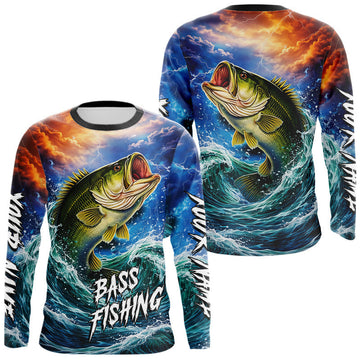 Maxcorners Personalized Bass Thunder And Lightening Long Sleeve Fishing Shirts,Custom Bass Fishing Jerseys LM2201