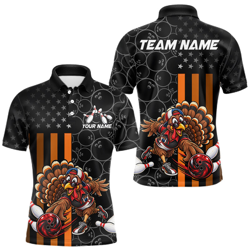 Maxcorners Funny Turkey Bowling Shirt For Men, American Flag Bowling Tournament Polo & 1/4 Zip Bowling Team Shirts