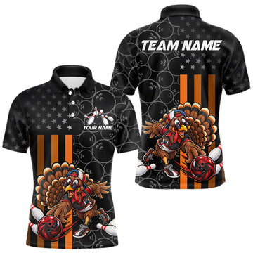 Maxcorners Funny Turkey Bowling Shirt For Men, American Flag Bowling Tournament Polo & 1/4 Zip Bowling Team Shirts