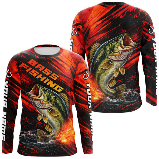 Maxcorners Personalized Fishing Bass Long Sleeve Fishing Shirts Orange Custom Nam, Fishing Shirts For Men LM2901