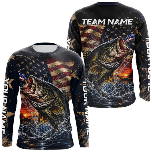 Maxcorners American Flag Largemouth Bass Patriotic Fishing Custom Bass Tournament Long Sleeve Fishing Shirts LM0106