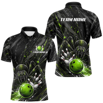 Maxcorners Custom Black And Green Spider Bowling Men Polo & 1/4 Quarter Zip Shirt, Bowling Team Tournament Jerseys LM1508