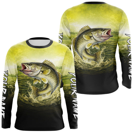 Maxcorners Yellow Walleye Fishing UV Protection Long Sleeve Fishing Shirts, Custom Walleye Fishing Shirts LM0402