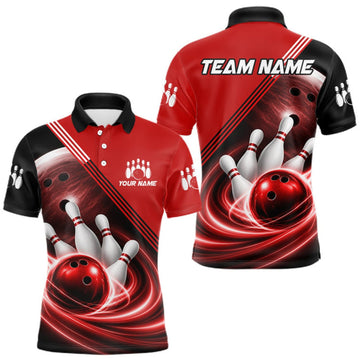 Maxcorners Personalized Red Bowling Jersey Bowling Polo Shirt For Men, Team Bowling League Shirts LM1508