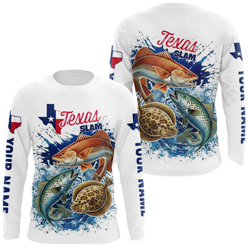 Maxcorners Texas Slam Fishing Redfish, Trout, Flounder Fishing Shirts Long Sleeve, Texas Flag Fishing Jerseys LM0503