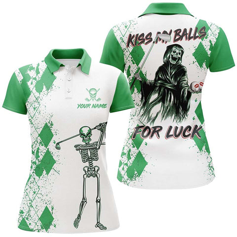 Max Corners Kiss My Balls Green Argyle Scary Customized Name 3D Golf Polo Shirt For Women