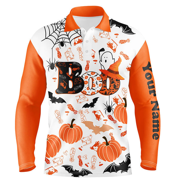 Maxcorners Golf Boo Halloween Pattern Orange Customized Name 3D Polo Shirt Unisex