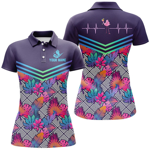 Max Corners Heart Beat Flamingo Multicolor Tropical Customized Name 3D Golf Polo Shirt For Women