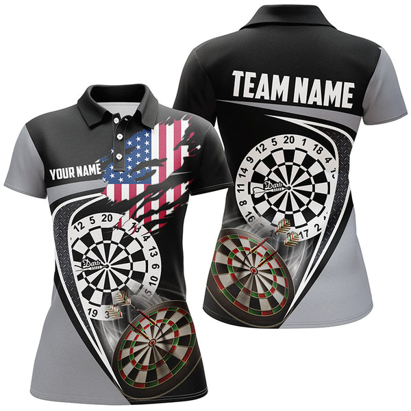 Maxcorners Black Grey American Flag Womens Darts Polo Shirt Custom Patriotic Dart Jerseys For Women