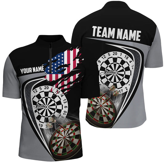 Maxcorners Black Grey American Flag Mens Darts Polo Shirt Custom Patriotic Dart Jerseys For Men