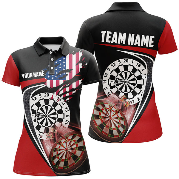 Maxcorners Black Red American Flag Womens Darts Polo Shirt Custom Patriotic Dart Jerseys For Women