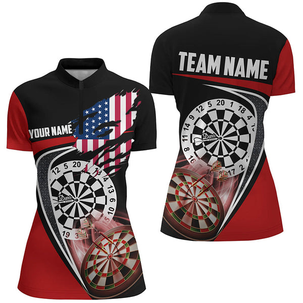 Maxcorners Black Red American Flag Womens Darts Polo Shirt Custom Patriotic Dart Jerseys For Women