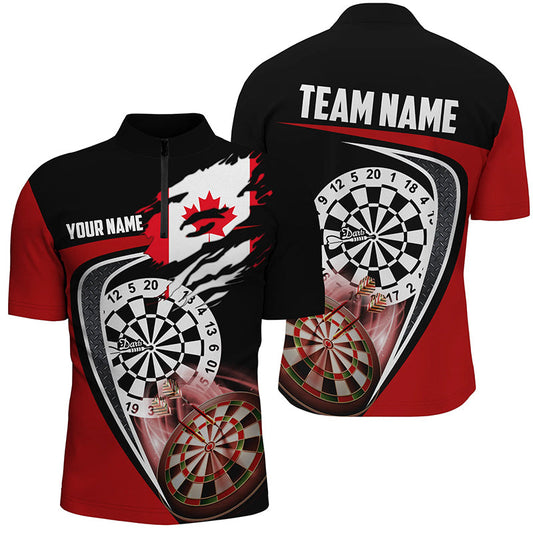 Maxcorners Black Red Canadian Flag Mens Darts Polo Shirt Custom Patriotic Dart Jerseys For Men