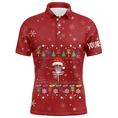 Maxcorners Personalized Mens Disc Golf Basket Red Christmas Polo Shirt Custom Cool Disc Golf Gifts For Men MT0510