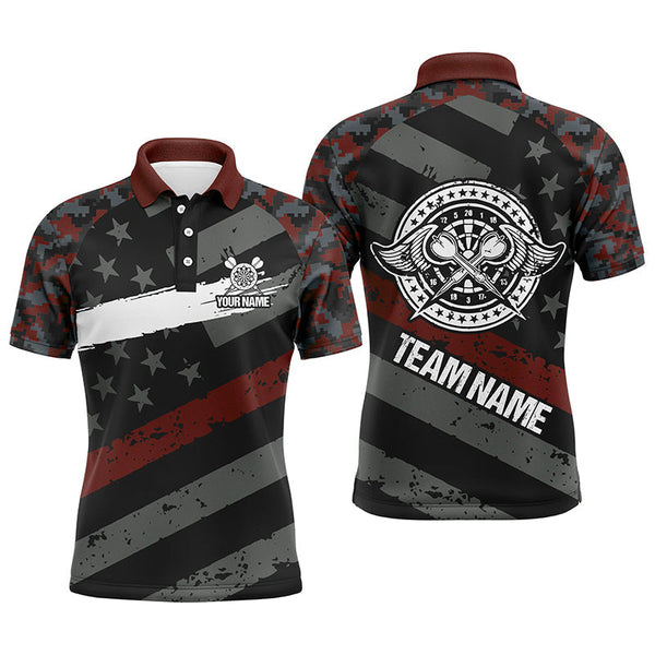 Max Corners Red Camo Retro American Flag Customized Name 3D Darts Polo Shirt For Men