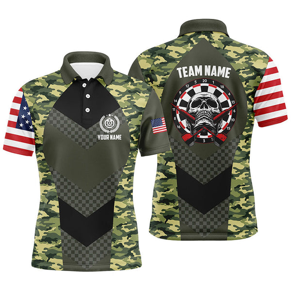 Max Corners Green Camo American Flag Skull Customized Name 3D Darts Polo Shirt For Men