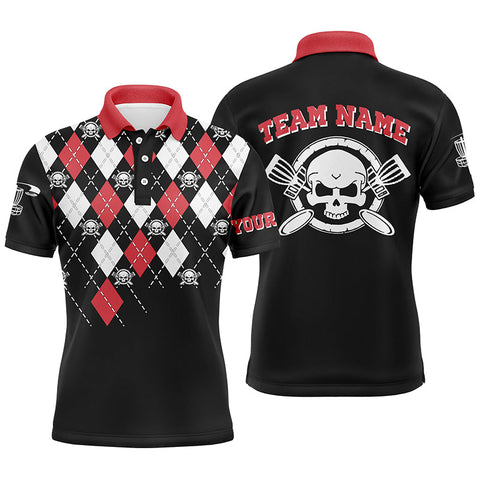 Maxcorners Personalized Skull Argyle Pattern Mens Disc Golf Polo Shirt Custom Disc Golf Team Shirts For Men MT0510
