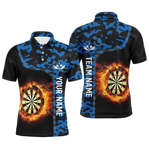 Max Corners Blue Camo Flame Darts Board Customized Name 3D Darts Polo Shirt For Men