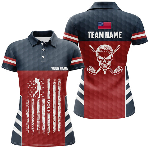 Max Corners American Flag Golf Pattern Skull Patriotic Golf Customized Name 3D Golf Polo Shirt For Women