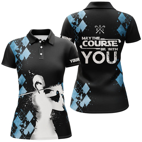 Max Corners Blue Argyle Vintage Art Customized Name 3D Golf Polo Shirt For Women