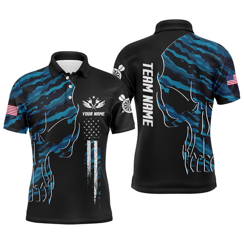 Max Corners Skull Blue Camouflage American Flag Customized Name 3D Darts Polo Shirt For Men