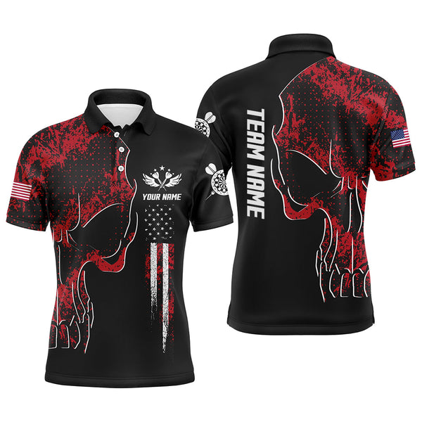Maxcorners Red Grunge Camo American Flag Skull Darts Mens Polo Shirt Patriotic Dart Jerseys For Men