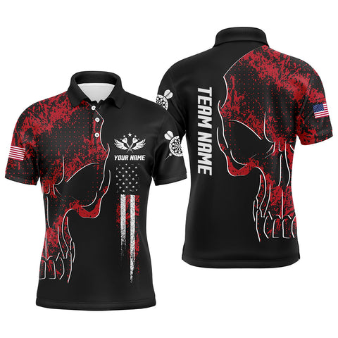 Maxcorners Red Grunge Camo American Flag Skull Darts Mens Polo Shirt Patriotic Dart Jerseys For Men