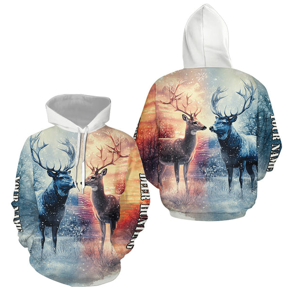 Maxcorners Deer Hunting in snow American flag Long sleeve, Hoodie Shirt LM0409