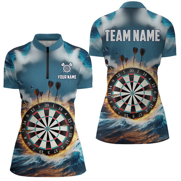 Maxcorners Fire And Water Blue Womens Darts Polo Shirt Custom Darts Shirt For Women Dart Jerseys