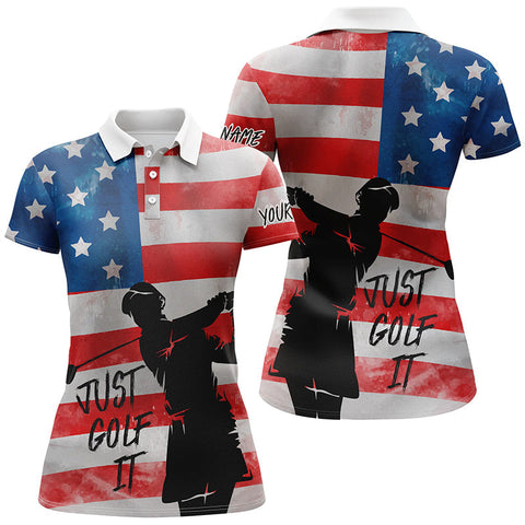 Max Corners Vintage American Flag Just Golf It Customized Name 3D Golf Polo Shirt For Women