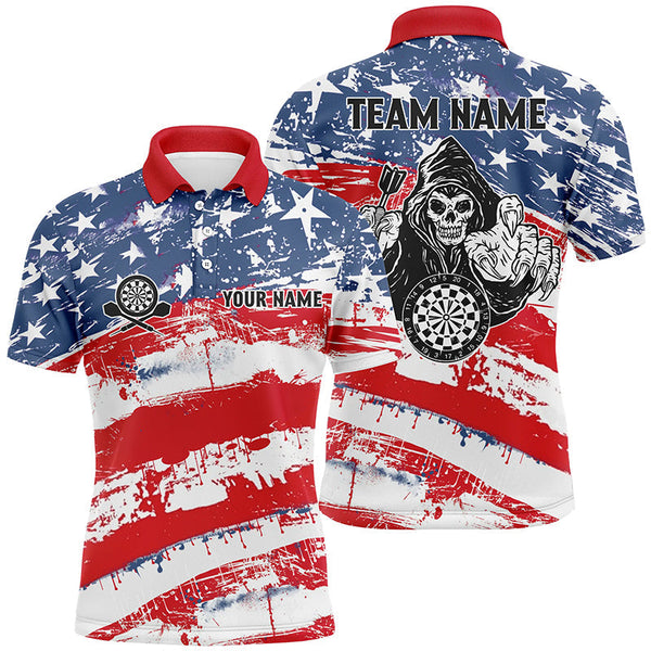 Max Corners Retro American Flag Skull Customized Name 3D Darts Polo Shirt For Men