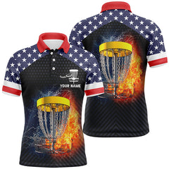 Maxcorners Fire And Water Disc Golf Mens Polo Shirts, American Flag Disc Golf Shirts For Men, Patriotic Gifts MT0510