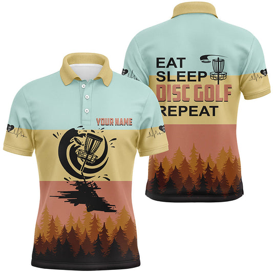 Maxcorners Eat Sleep Disc Golf Repeat Polo Shirt Vintage Custom Name Disc Golf Shirts For Men, Golf Gifts MT0510