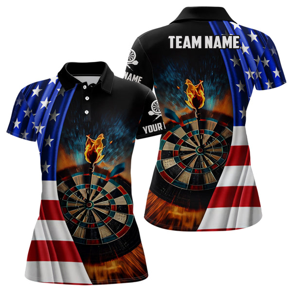 Maxcorners American Flag Darts Polo Shirt Custom Fire Patriotic Darts Shirt For Women Dart Jerseys