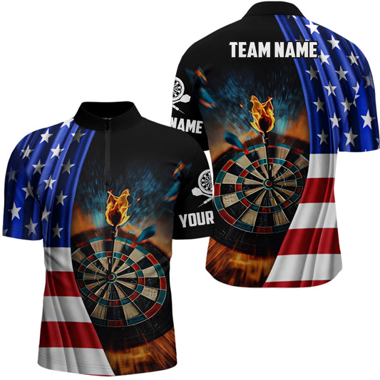 Maxcorners American Flag Mens Darts Polo Shirt Custom Fire Patriotic Darts Shirt For Men Dart Jerseys