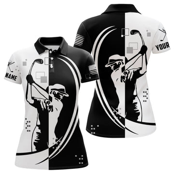 Max Corners Us Flag Womens Golf Black And White American Flag Customized Name 3D Golf Polo Shirt For Women