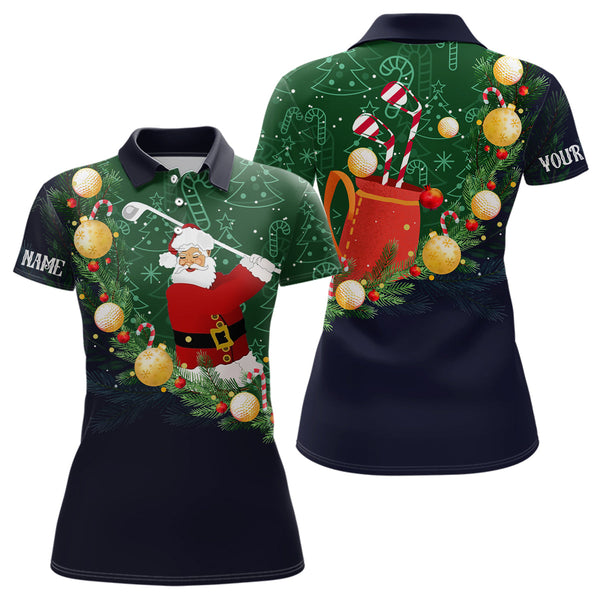 Maxcorners Santa Playing Golf Navy Womens Polo Shirts Christmas Golf Shirts For Women Best Golf Gifts