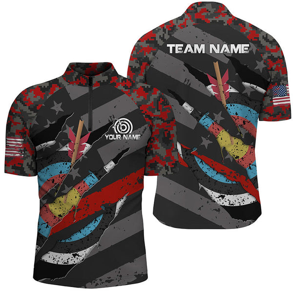 Maxcorners Personalized Red Retro Camo Target Archery 3D Polo Shirts For Men, Custom Us Flag Archery Jerseys