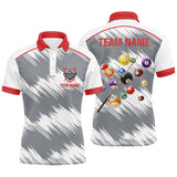 Maxcorners Personalized Red Grey Billiard Balls 3D Polo Shirts For Men, Custom 8 Ball Billiard Team Jerseys