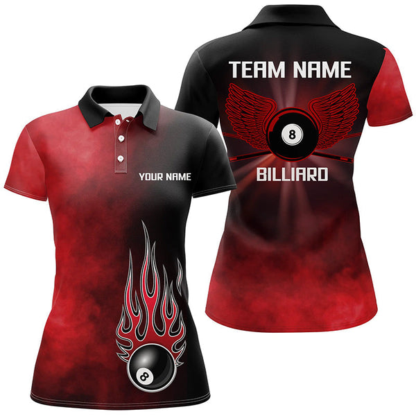 Maxcorners Personalized Black Red Flame 8 Ball Pool Polo Shirts Custom Billiard 8 Ball Wing Jerseys For Men And Women