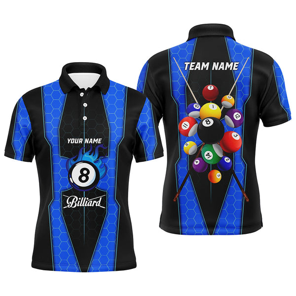 Maxcorners Personalized Style Blue Fire 8 Ball Billiard 3D Polo Shirts