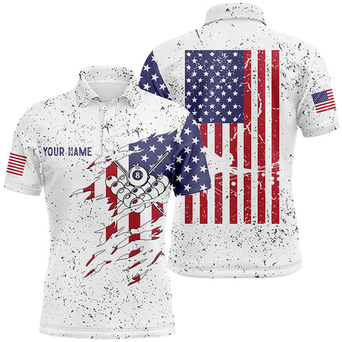 Maxcorners Personalized Billiard Balls US Flag White Grunge Polo Shirts For Men, Custom Billiard Pool Shirts