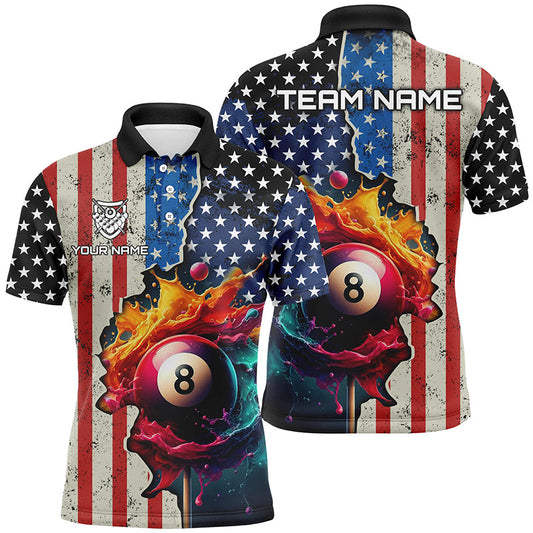 Maxcorners Personalized Us Flag Billiard 3D Polo Shirts For Men, Colorful Paint Splash 8 Ball Billiard Jerseys