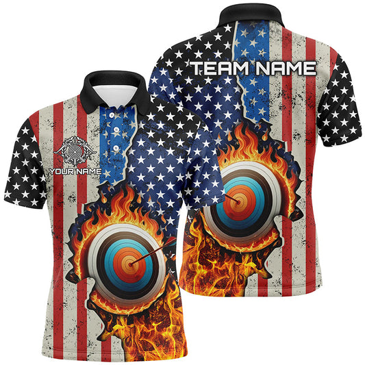 Maxcorners Personalized Us Flag Flame Target Archery 3D Polo Shirts For Men, Custom Archery Team Shirts Design