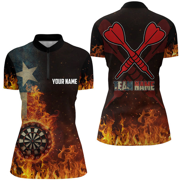 Maxcorners Personalized Texas Flag Fire Dartboard Dart Polo Shirt For Women, Custom Patriotic Women Dart Jerseys