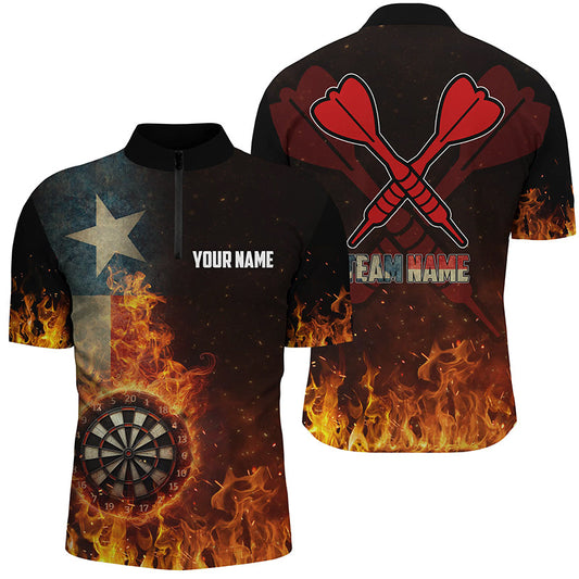Maxcorners Personalized Texas Flag Fire Dartboard Dart Polo Shirts For Men, Custom Patriotic Mens Dart Jerseys