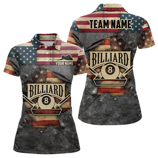 Maxcorners Billiards Vintage Us Flag Custom Billiard 3D Polo Shirts For Men, Custom 8 Ball Pool Team Shirts